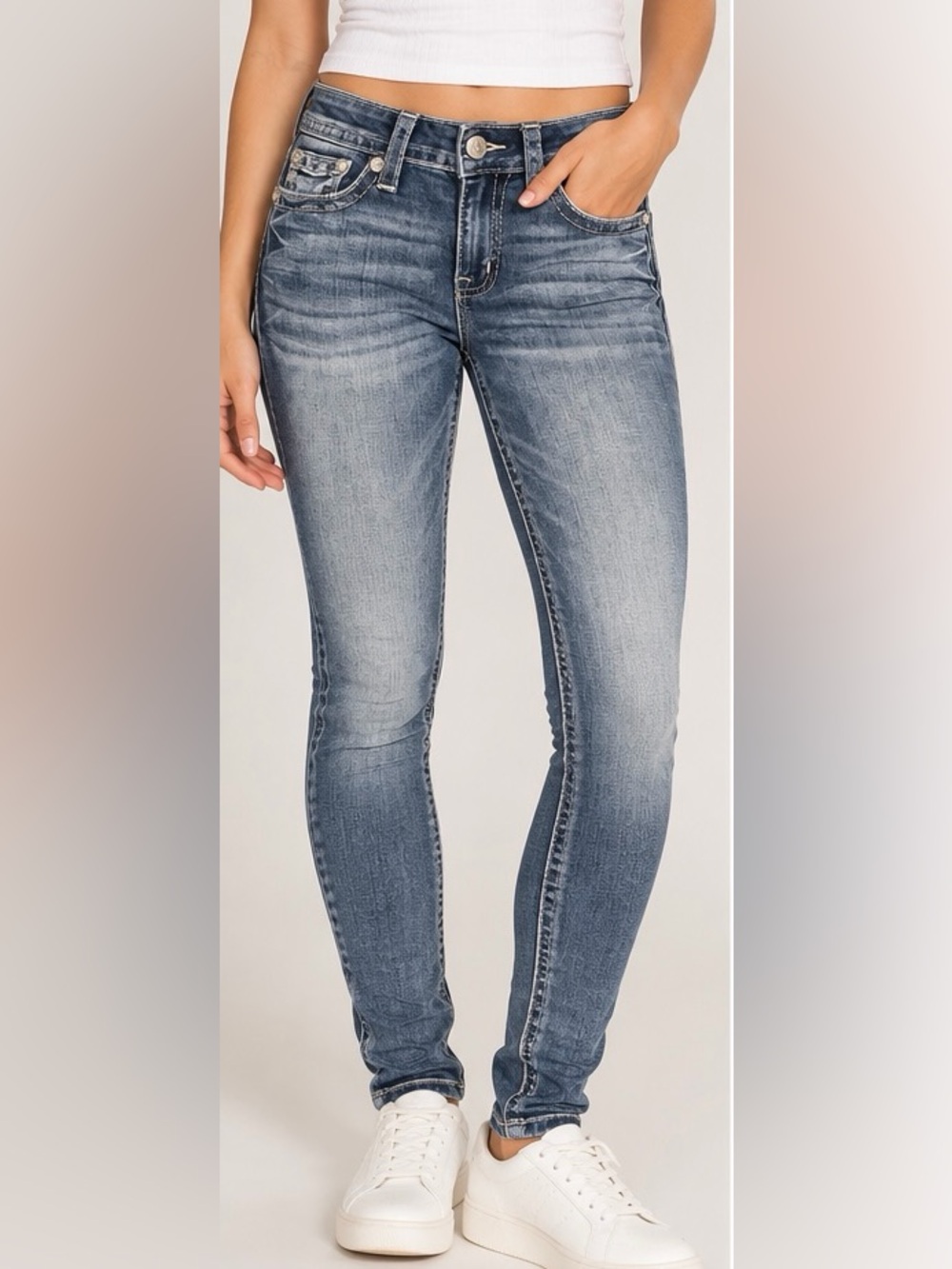 Miss Me Light Blue Embellished Pocket Mid Rise Skinny Jeans